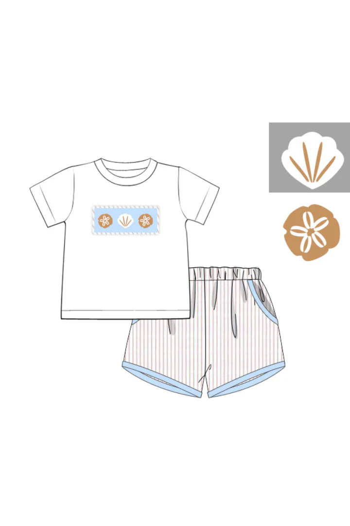 Smocked Sea Shells Blue/Khaki Stripe Short Set - Image 2