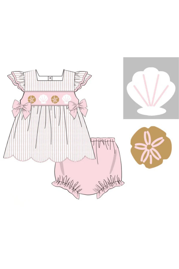 Smocked Sea Shells Pink/Khaki Stripe Bloomer Set - Image 2