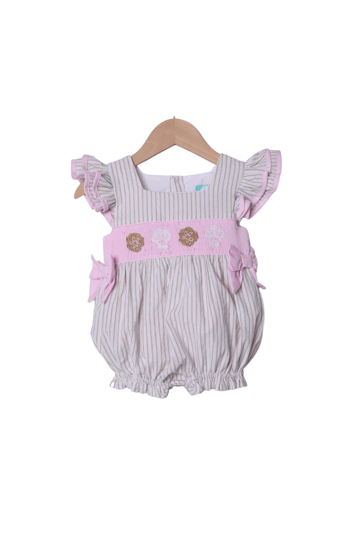 Smocked Sea Shells Pink/Khaki Stripe Bubble