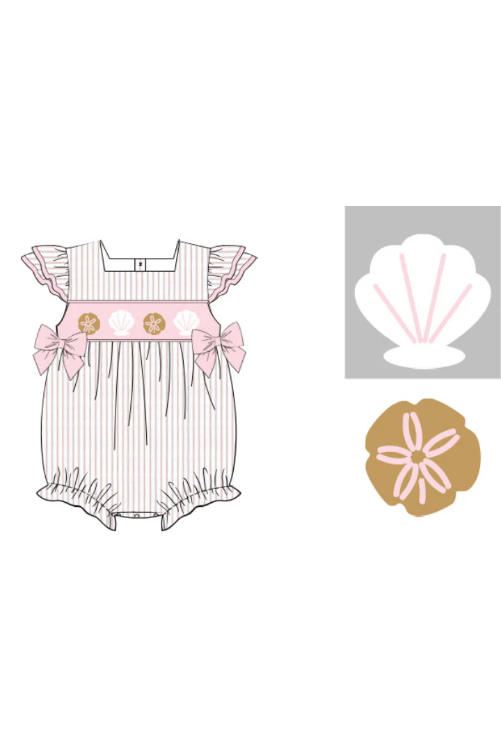 Smocked Sea Shells Pink/Khaki Stripe Bubble - Image 2
