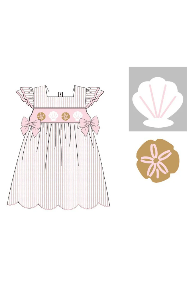 Smocked Sea Shells Pink/Khaki Stripe Dress - Image 2