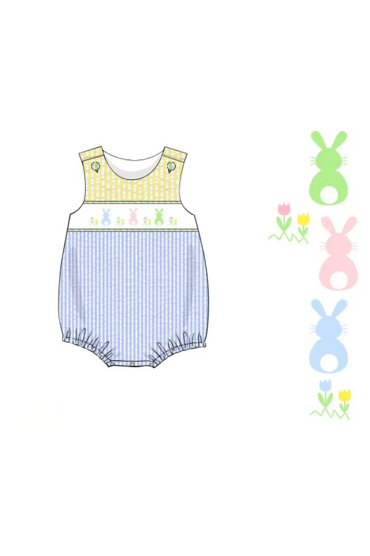 Smocked Seersucker Color Block Bunny Bubble - Image 2