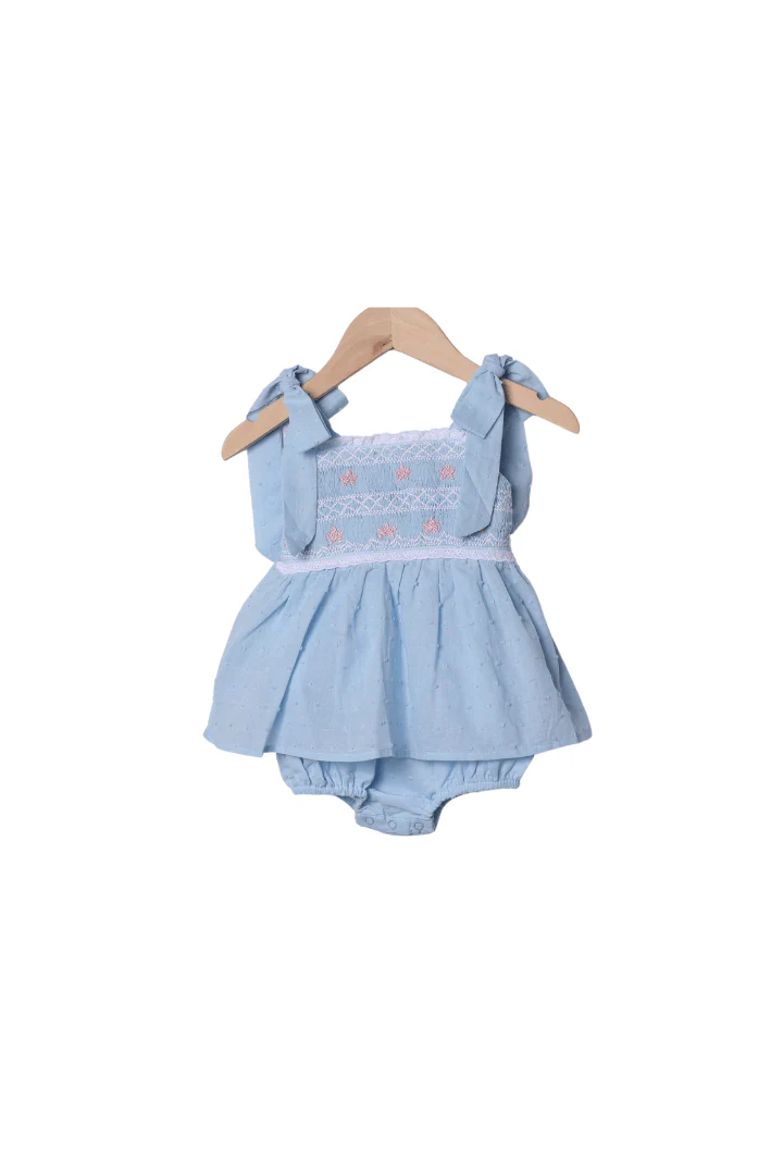 Smocked Starfish Blue Swiss Dot Skirted Bubble