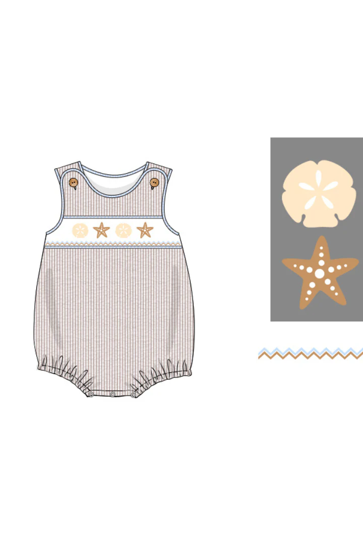Smocked Starfish Khaki Seersucker Bubble - Image 2