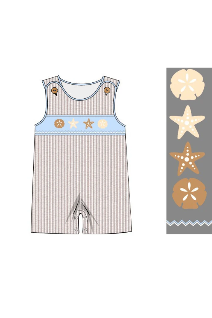 Smocked Sand Dollar Blue/Starfish Khaki Seersucker Jon Jon - Image 2