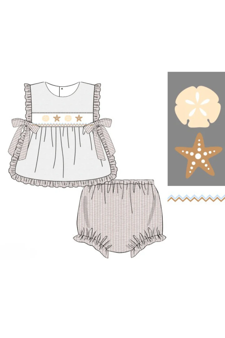 Smocked Starfish White Swiss Dot/Khaki Seersucker Apron Set - Image 2