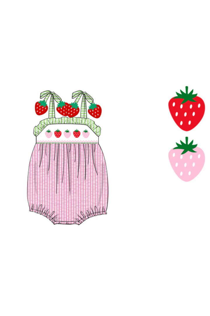Smocked Strawberry Pink/Green Seersucker Bubble - Image 2