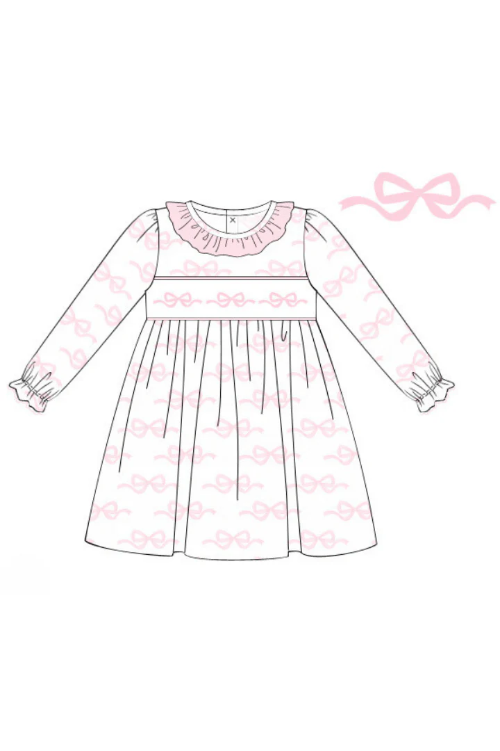 Smocked Sweet Bow Long Sleeve Dress - Image 2