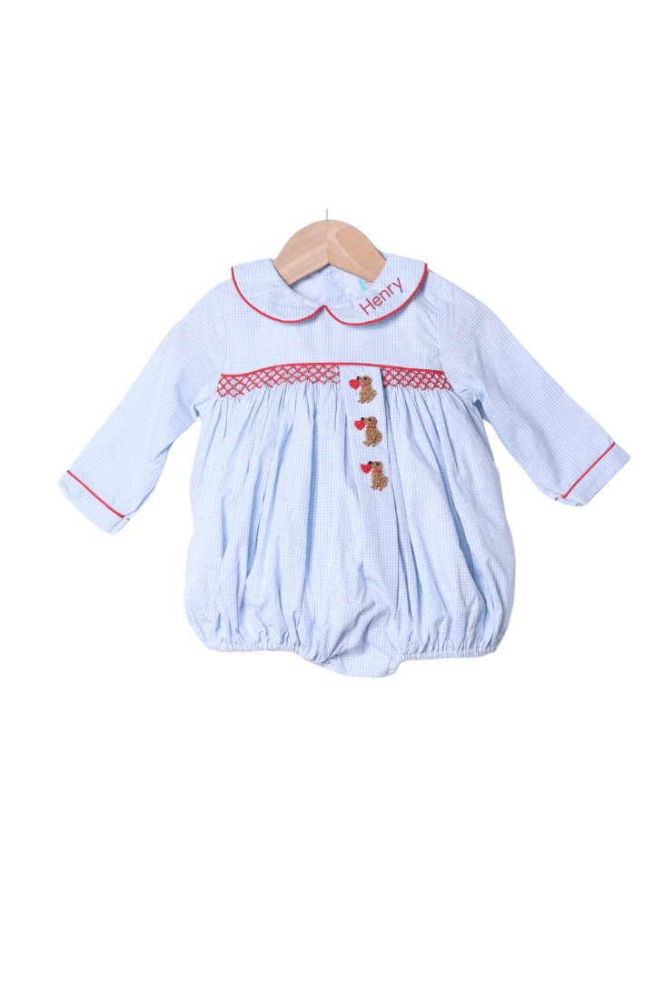 Smocked Sweet Puppy Love Blue Gingham Bubble