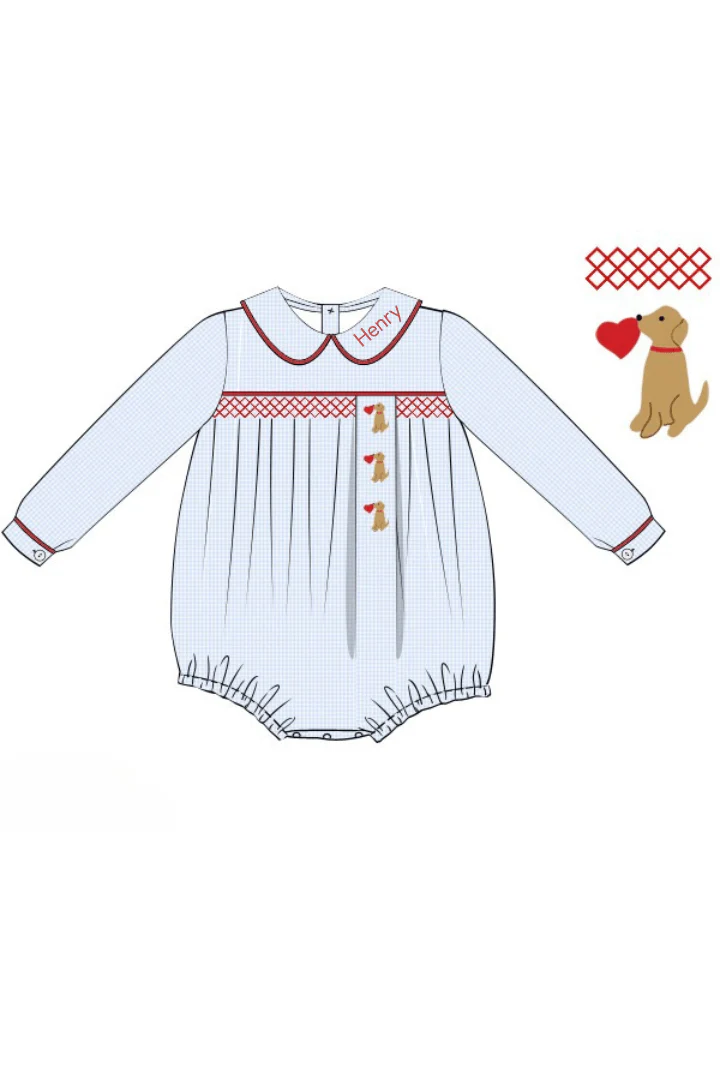 Smocked Sweet Puppy Love Blue Gingham Bubble - Image 2