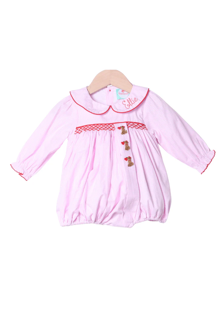 Smocked Sweet Puppy Love Pink Gingham Bubble