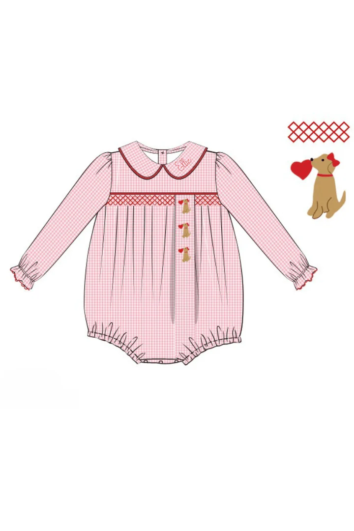 Smocked Sweet Puppy Love Pink Gingham Bubble - Image 2