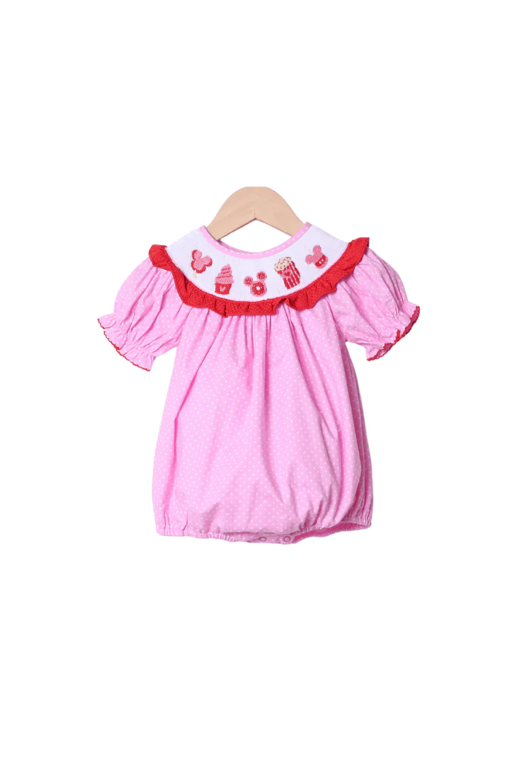 Smocked Sweet Treats Mouse Pink Polka Dot Bishop Bubble