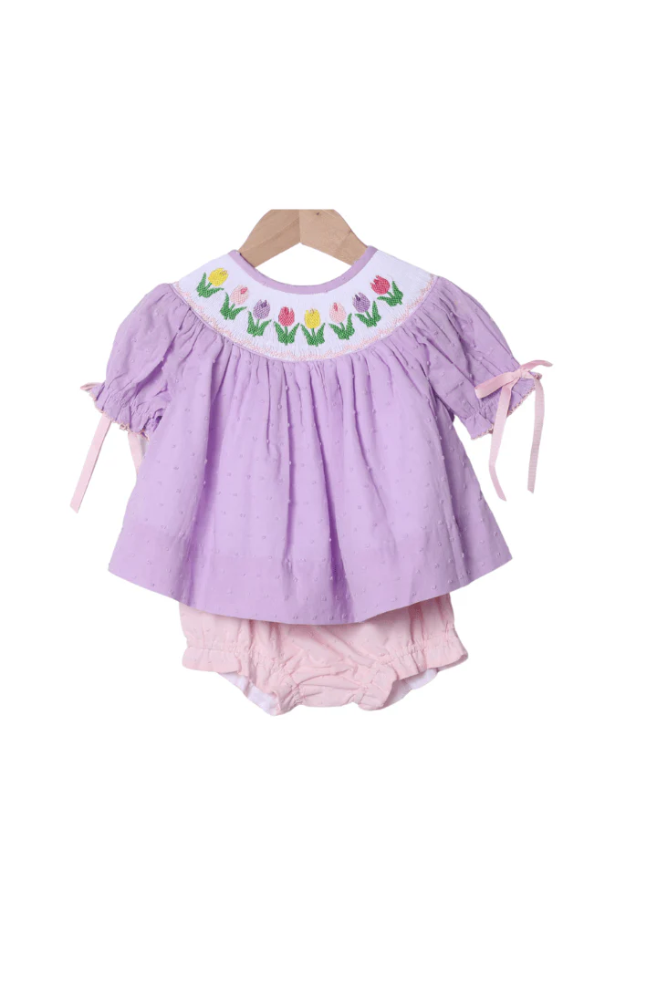 Smocked Tulips Lavender Swiss Dot Bloomer Set