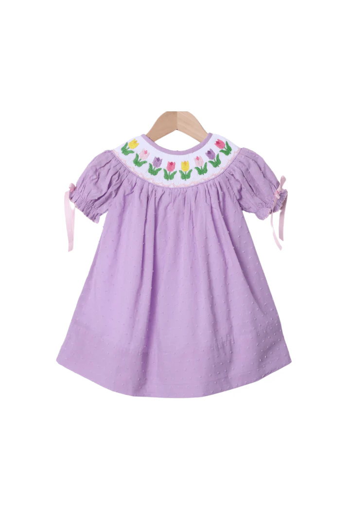 Smocked Tulips Lavender Swiss Dot Dress