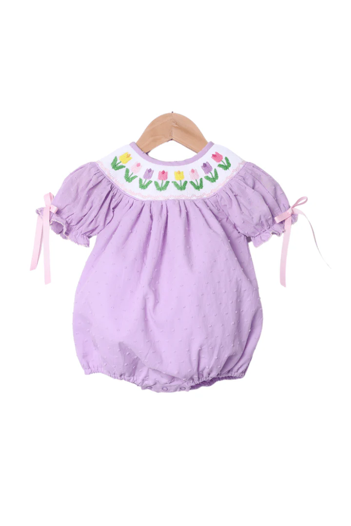Smocked Tulips Lavender Swiss Dot Bubble