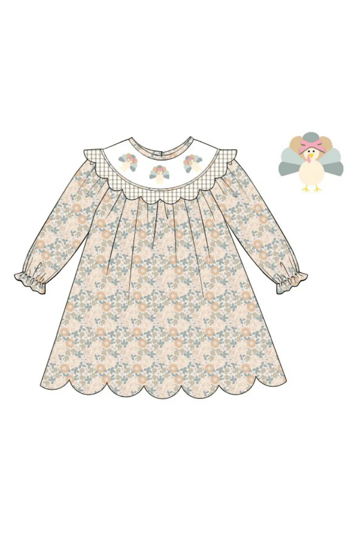 Pre-Order Smocked Turkey Autumn Floral Scalloped Dress