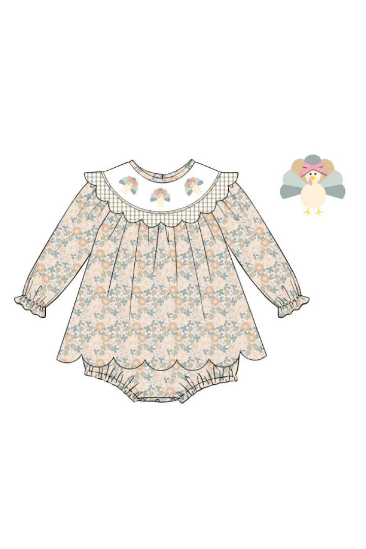 Pre-Order Smocked Turkey Autumn Floral Scalloped Skirted Bubble