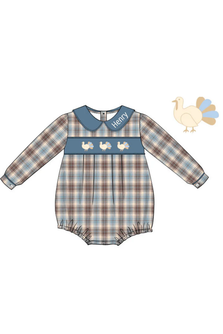 Pre-Order Smocked Turkey Stone Blue Plaid Bubble