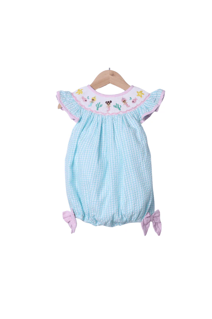 Smocked Turquoise Seersucker Mermaid Bubble