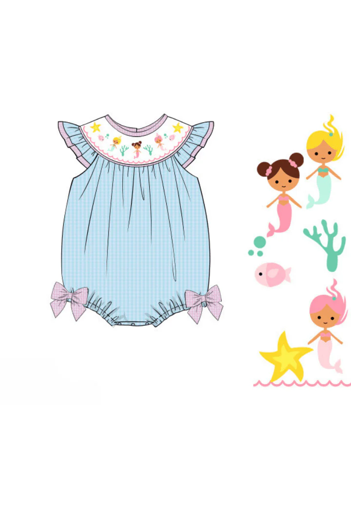 Smocked Turquoise Seersucker Mermaid Bubble - Image 2