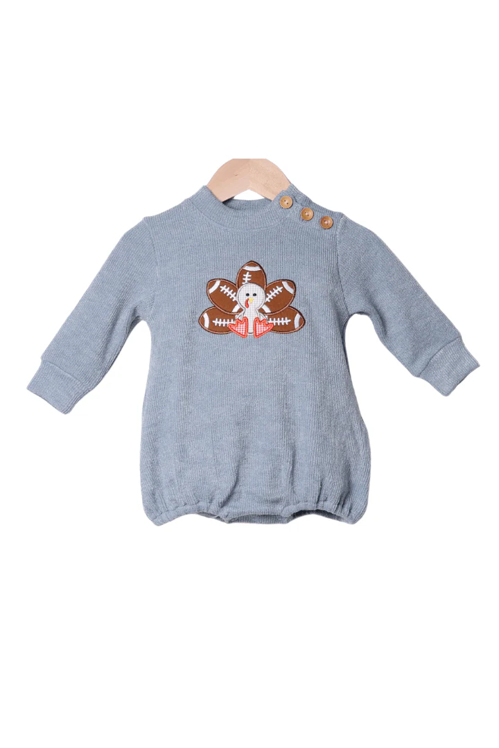 Touchdown Turkey Applique Blue Cardigan Bubble