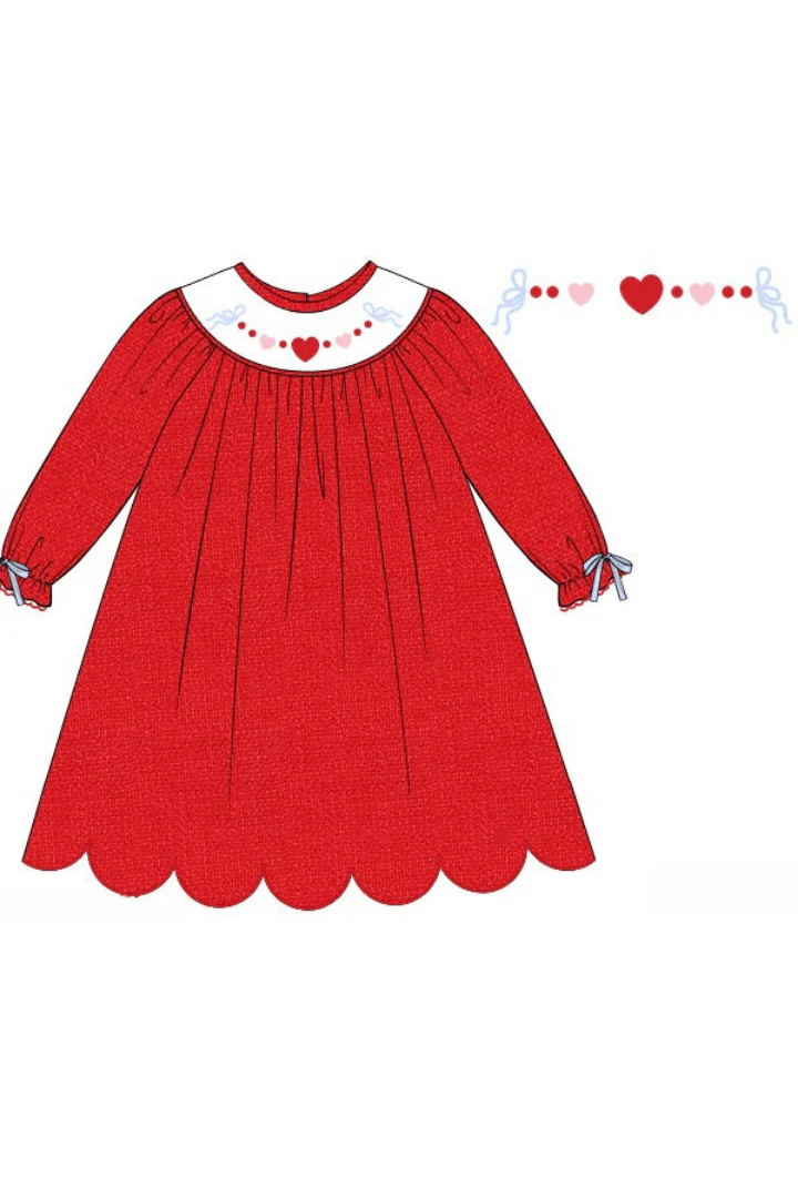 Smocked Bullion Sweet Heart Red Linen Bishop Dress - Image 2