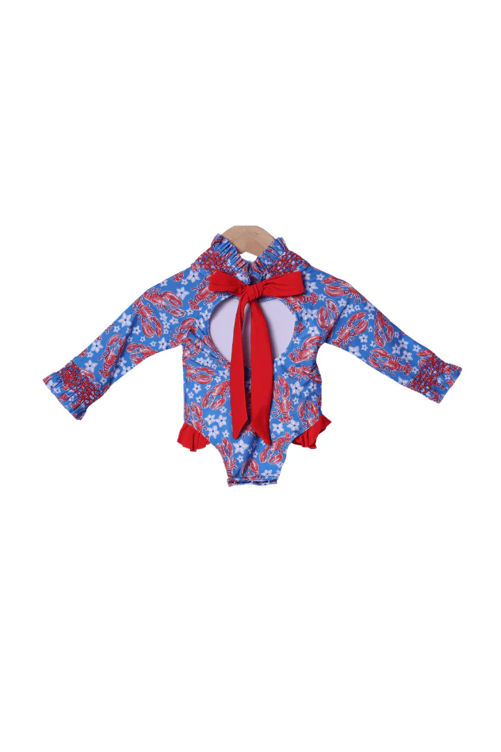 Sweet Lobster Red and Blue Smocked Swimsuit - Image 2