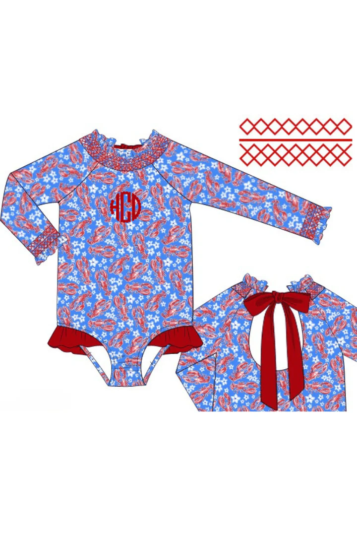 Sweet Lobster Red and Blue Smocked Swimsuit - Image 3