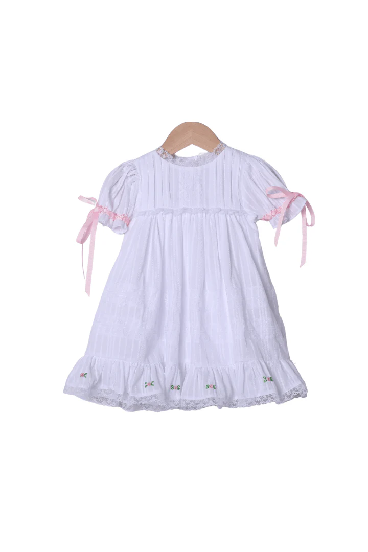 White Linen Heirloom Rosette Dress