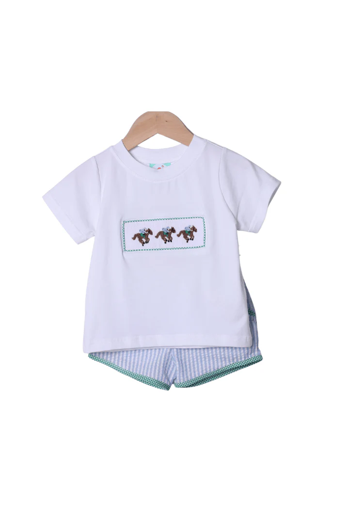 Smocked Blue Seersucker Derby Short Set