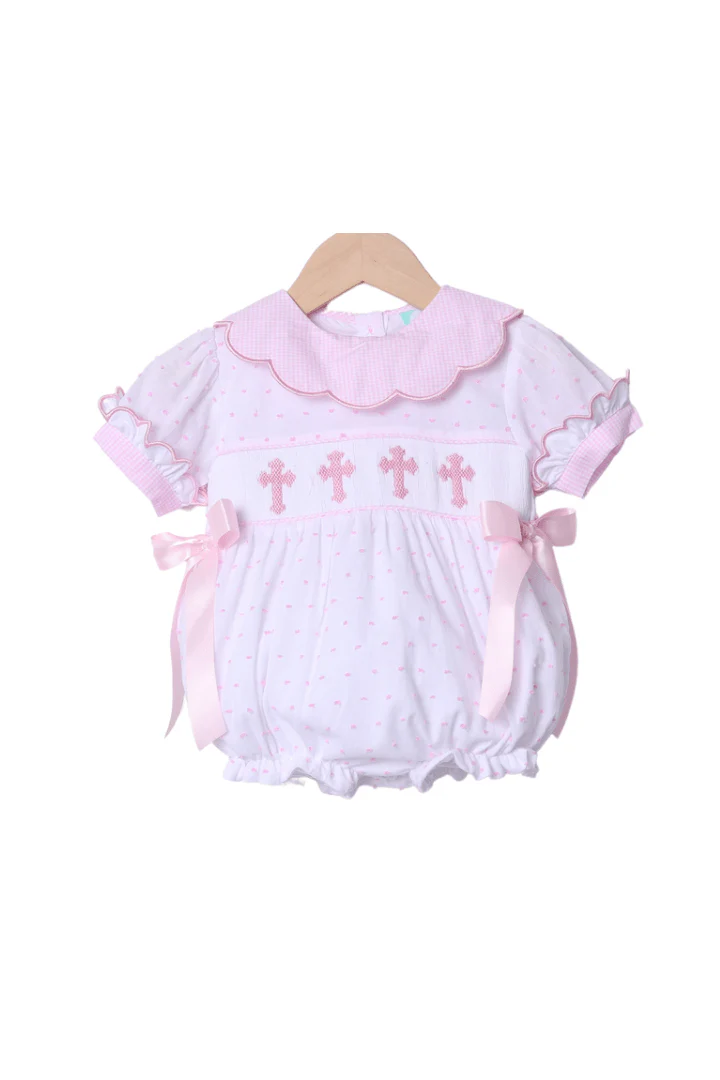 Smocked Pink Swiss Dot Cross Bubble