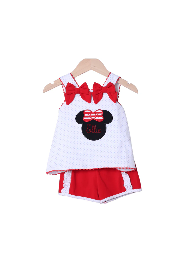 Red Mouse Applique Bow Short Set