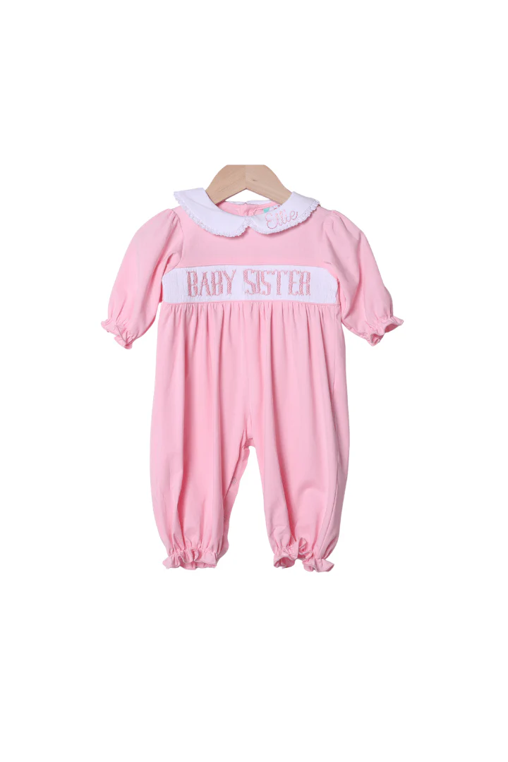 Smocked Baby Sister Pink Footed Romper