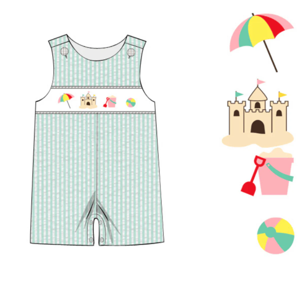 Smocked Beachy Beachy Mint Seersucker Jon Jon (Tan Button)