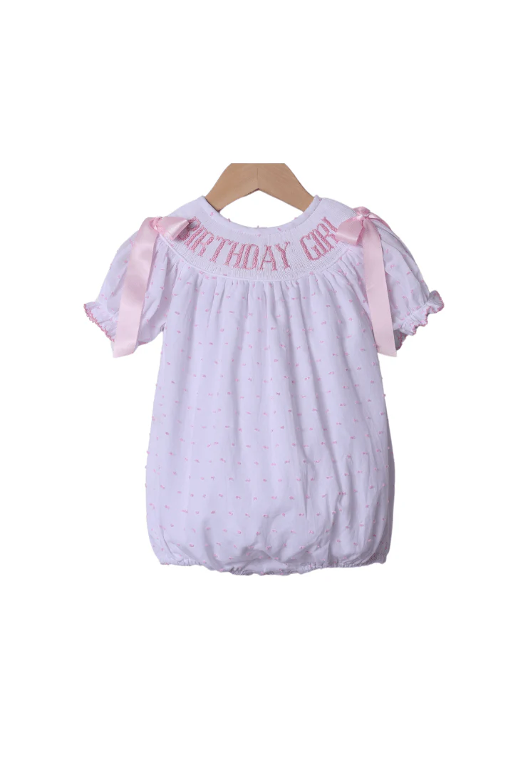 Smocked Birthday Girl Pink Swiss Dot Bubble