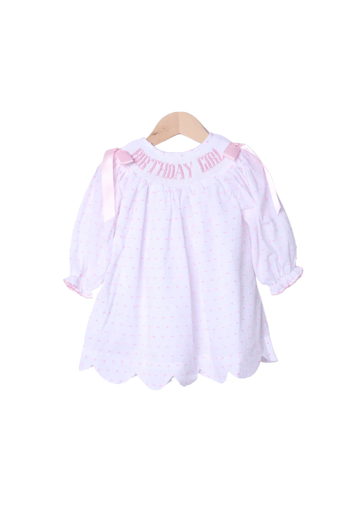 Smocked Birthday Girl Swiss Dot Long Sleeve Dress