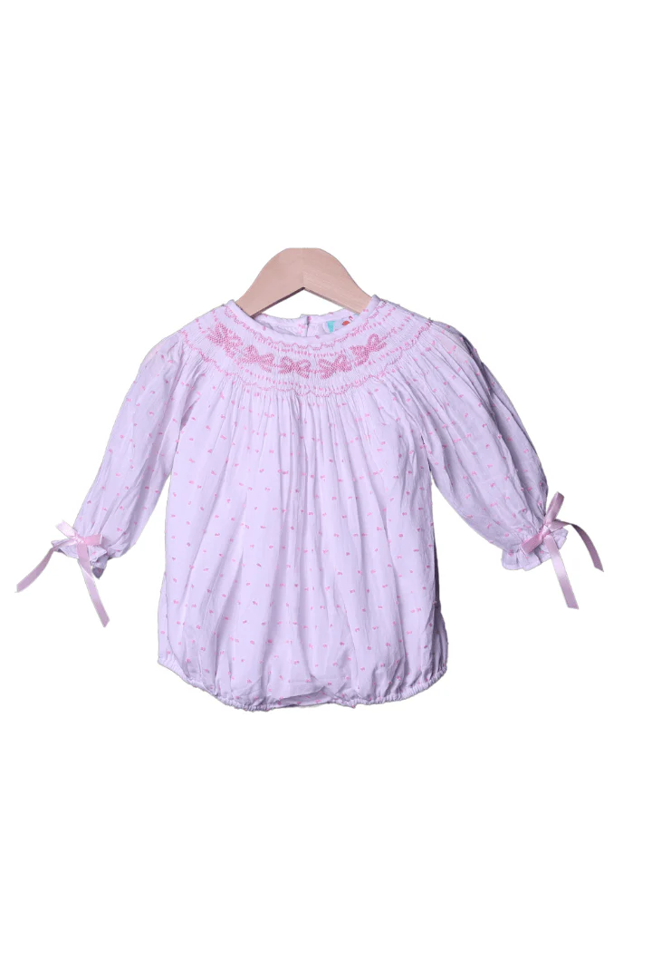 Smocked Classic Bow Pink Swiss Dot Bubble LONG Sleeve