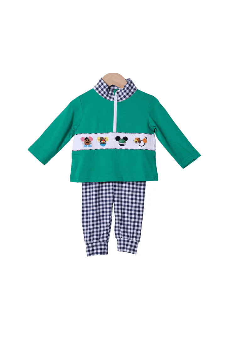 Smocked Cowboy and Friends Green/Navy Gingham Set