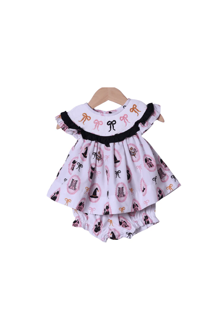 Smocked Embroidered Bow Sweet and Spooky Bloomer Set
