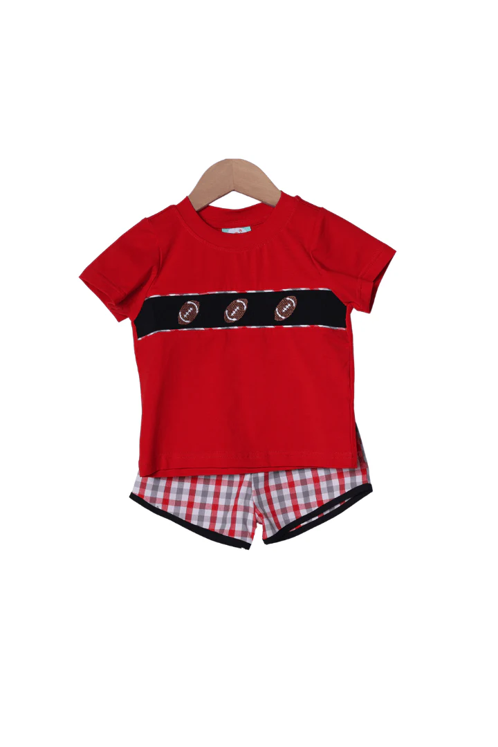 Smocked Football Red, Gray and White Plaid Short Set