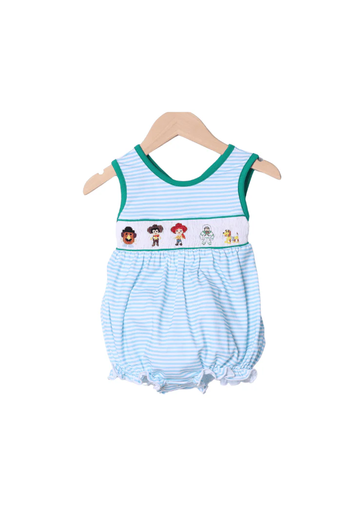 Smocked Friends Blue Stripe Bow Bubble THIN STRIPE