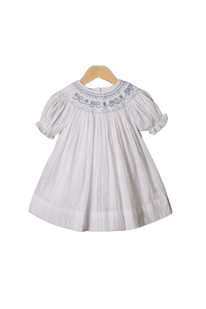 Smocked Heirloom Blue Bow White Linen Dress