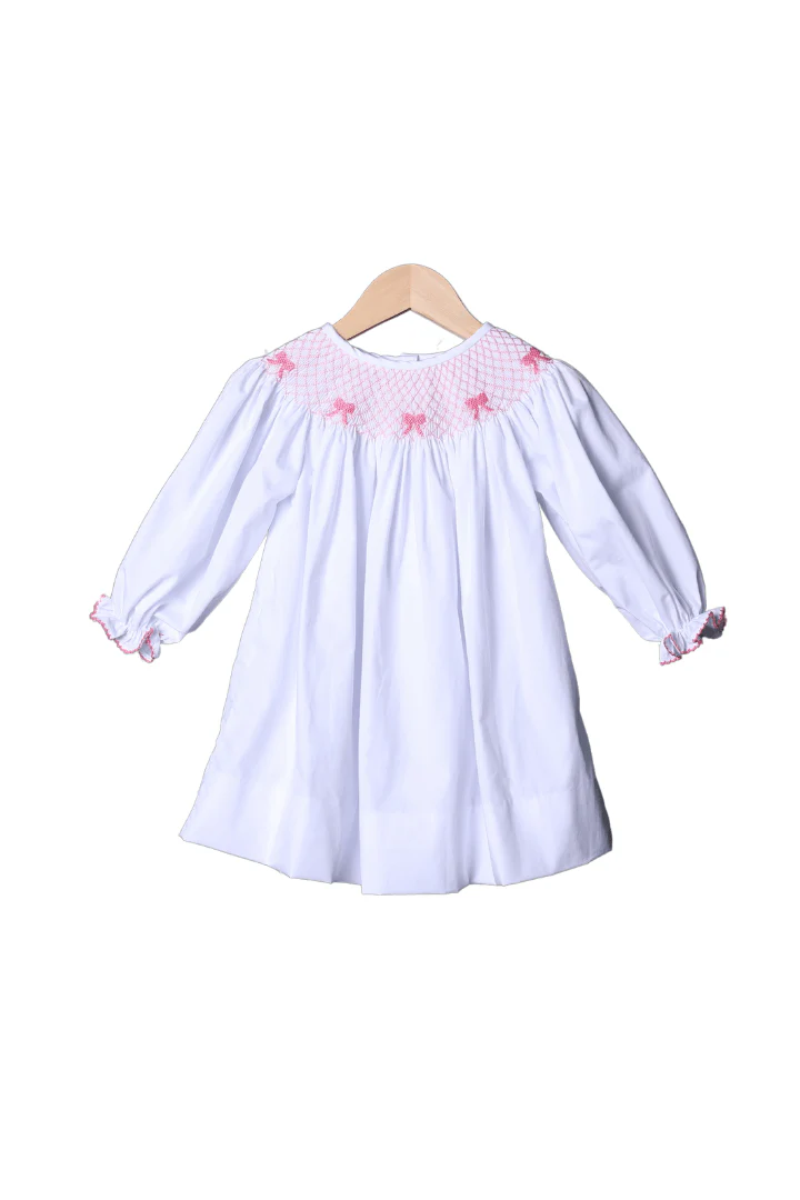 Smocked Heirloom Pink Bow White Long Sleeve Dress
