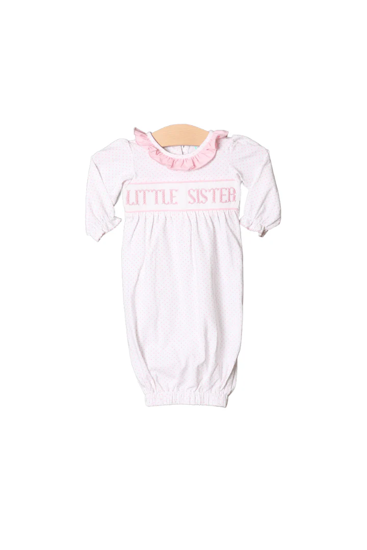 Smocked Little Sister Pink Bitty Dot Gown