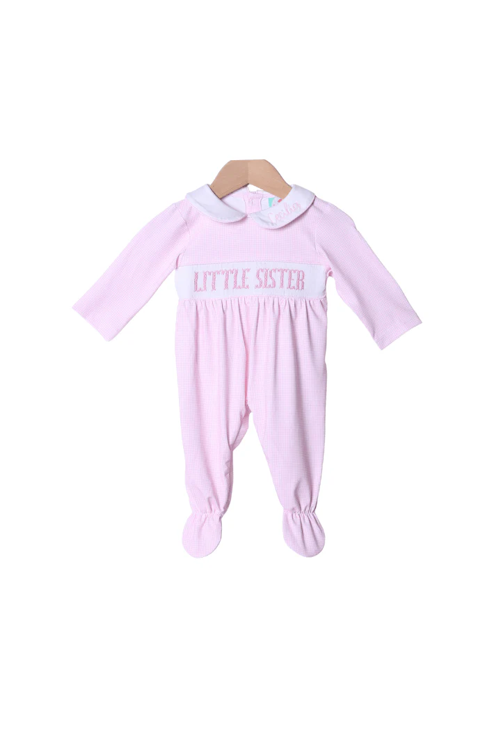 Smocked Little Sister Pink Gingham Footed Romper