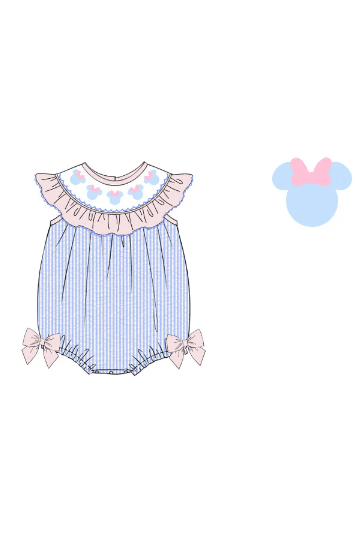 Smocked Mouse Blue Seersucker Bow Bubble - Image 2