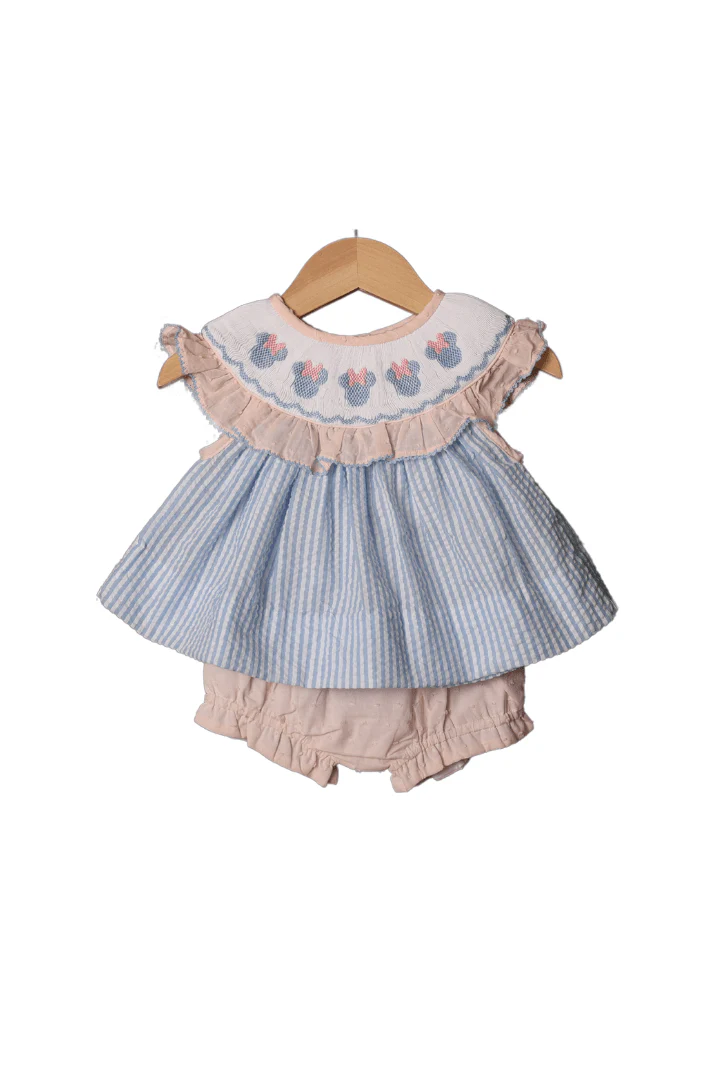 Smocked Mouse Blue Seersucker Bow Set