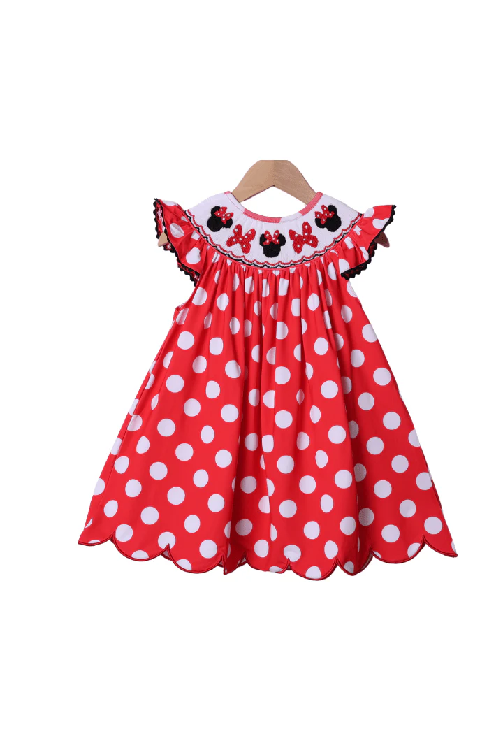 Smocked Mouse Bow Red Polka Dot Dress