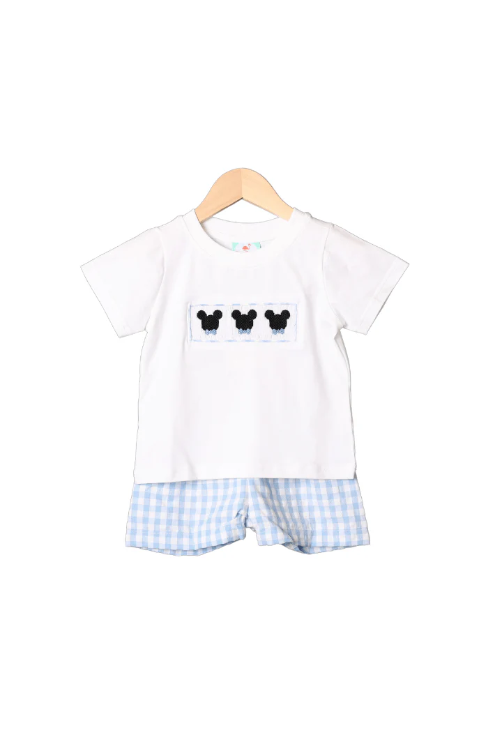 Smocked Mouse Bow Tie Blue Seersucker Short Set